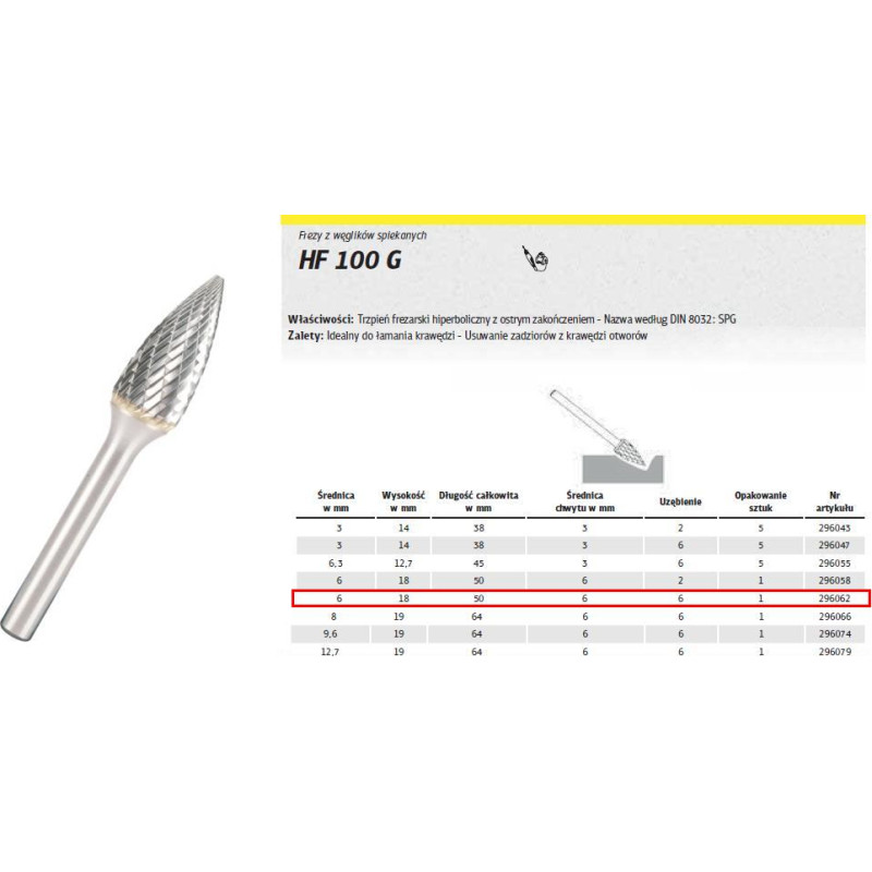 Klingspor FREZ DO METALU HF 100 G FI=6,0x18mm TRZPIEŃ 6mm TYP SPG, HIPERBOLICZNY-SZPIC