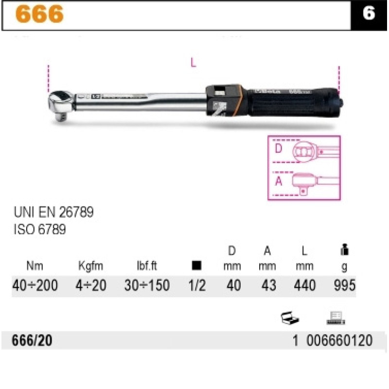 Beta CLICK TORQUE WRENCH WITH BIDIRECTIONAL RATCHET 1/2 40-200 NM