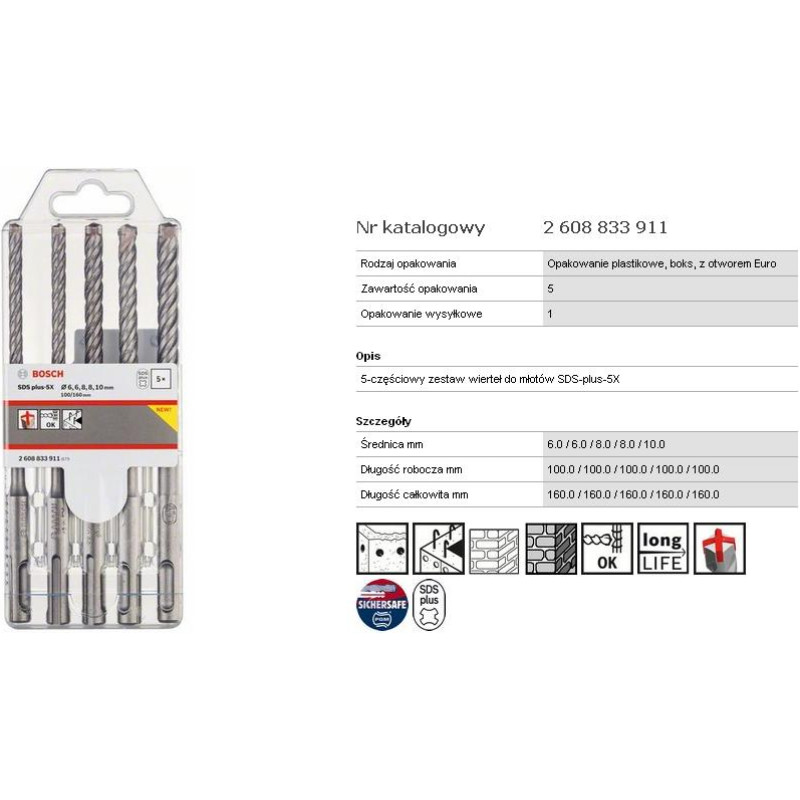 Bosch SDS PLUS-5X BOLT 5PCS 6/6/8/8/10X160MM