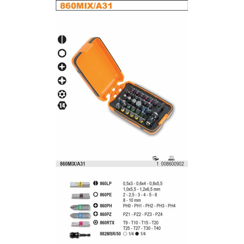 Beta DRILL DRIVE BIT SET 860 WITH QUICK-RELEASE CHUCK 882MSR/50, 31