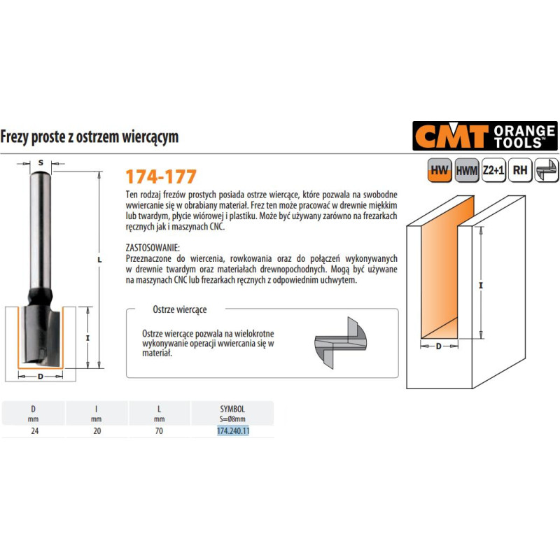 CMT FREZ PROSTY HM D=24 I=20 L=70 S=8 Z OSTRZEM WIERCĄCYM