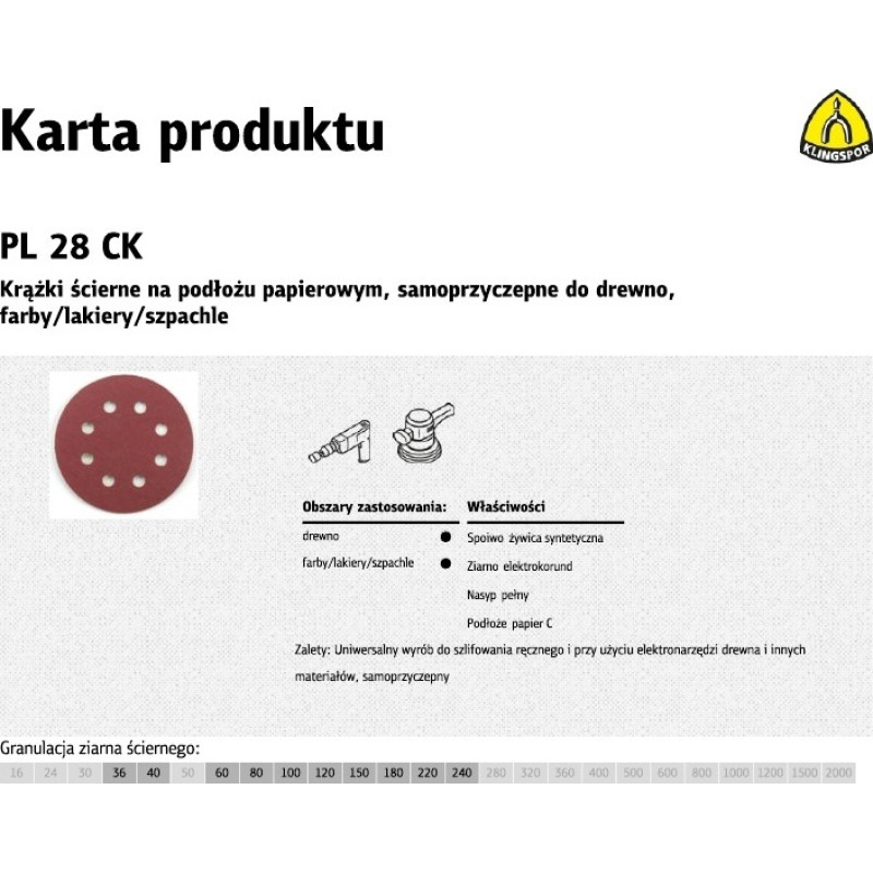 Klingspor KRĄŻEK ŚCIERNY SAMOPRZYCZEPNY 125mm  PL28CK gr. 80 GLS5 8-OTWORÓW /50szt.