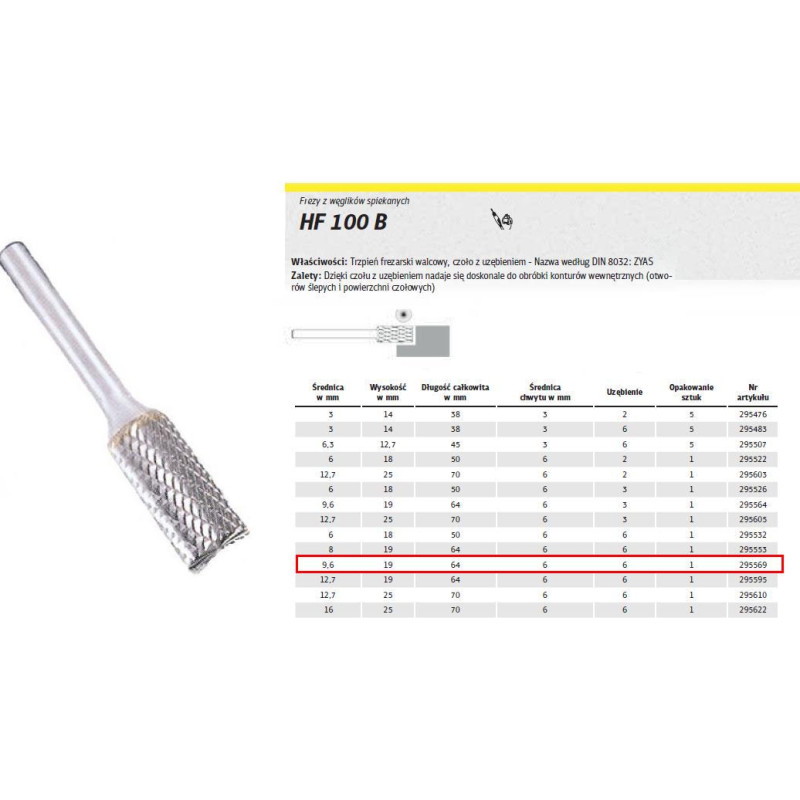 Klingspor FREZ DO METALU HF 100 B FI=9,6x19mm TRZPIEŃ 6mm TYP ZYAS, WALCOWY