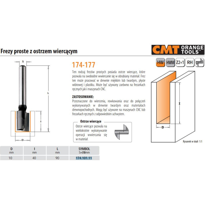 CMT FREZ PROSTY WIERCĄCY HM D=10 I=40 L=90 S=8
