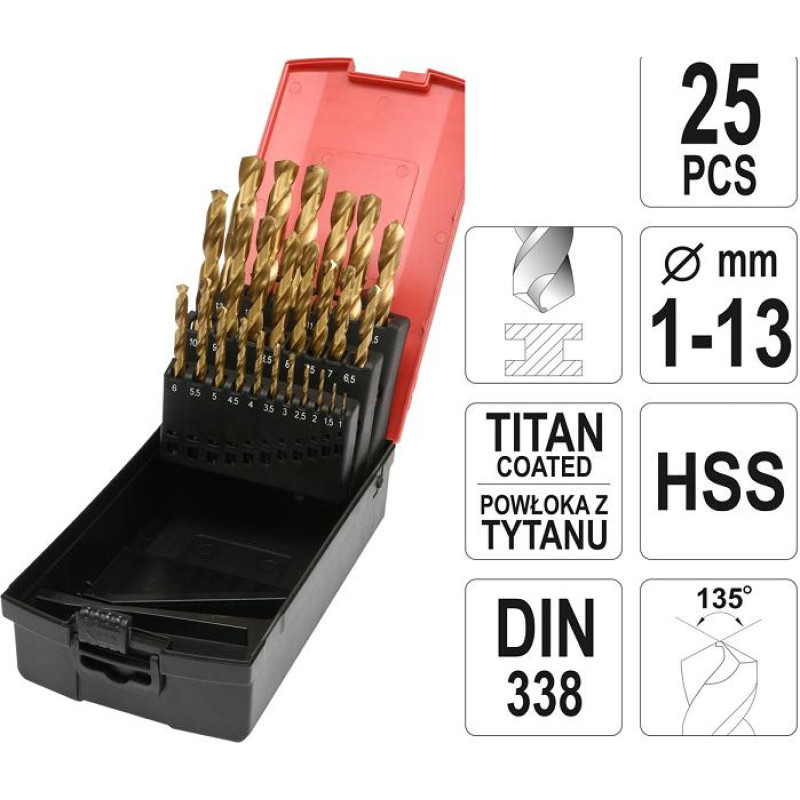 Yato ZESTAW WIERTEŁ DO METALU HSS-TiN 25szt. 1-13mm