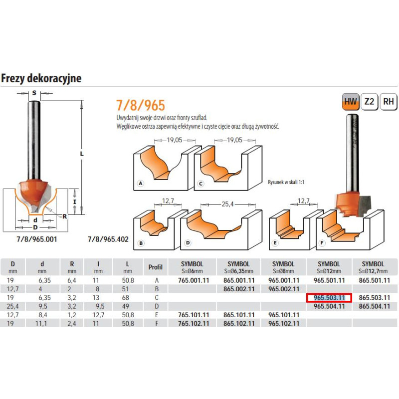 CMT FREZ DEKORACYJNY HM D=19 d=6,35 R=3,2 I=13 S=12