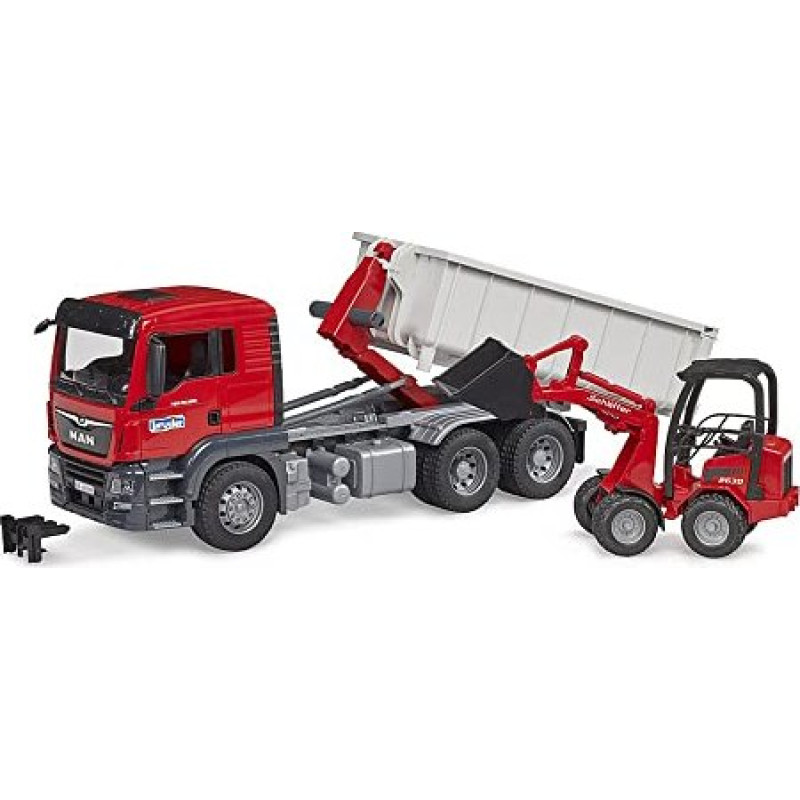 Bruder MAN TGS truck with roll-off container and Schäffer farm loader, model vehicle