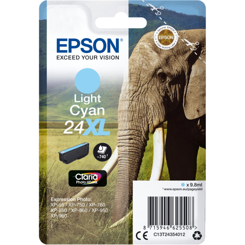 Epson Elephant C13T24354012 rašalo kasetė 1 vnt Originalus Didelė (XL) išeiga Šviesus Cyan