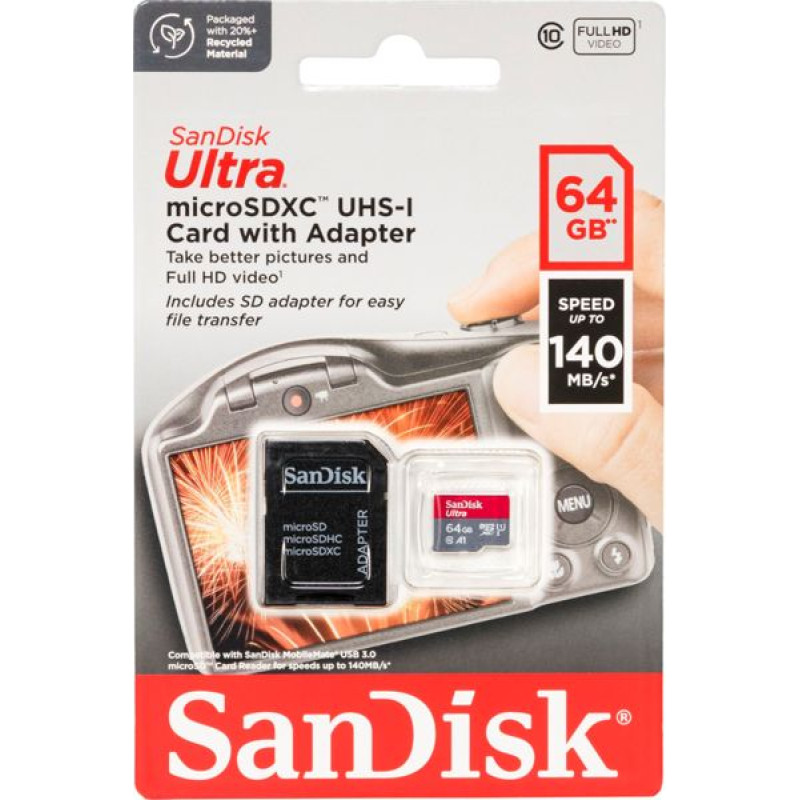 Sandisk Ultra microSDHC     64GB 140MB/s.Adapt.SDSQUAB-064G-GN6IA