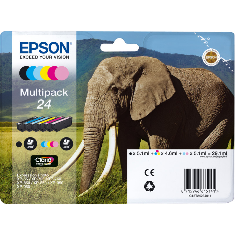 Epson Elephant C13T24284011 rašalo kasetė 6 vnt Originalus Standartinė išeiga Juoda, Žydras, Šviesus Cyan, Rausvai raudona, Šviesi Magenta, Geltona