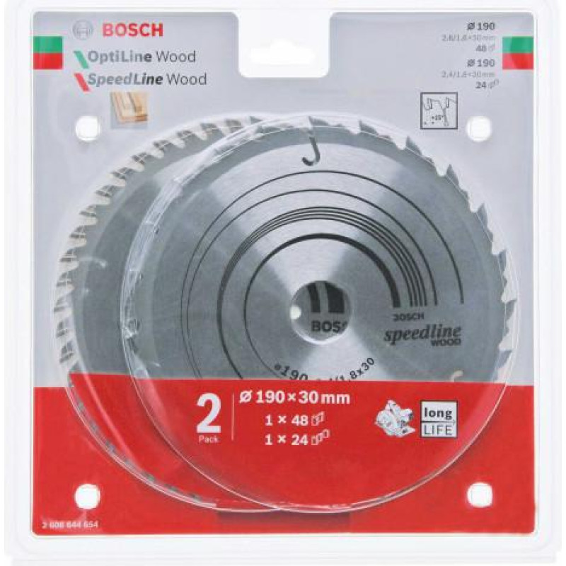 Bosch PIŁA TARCZOWA DWUPAK OPTILINE WOOD 190x2,6/1,6x30x48z + SPEEDLINE WOOD 190x2,4/1,8x30x24z